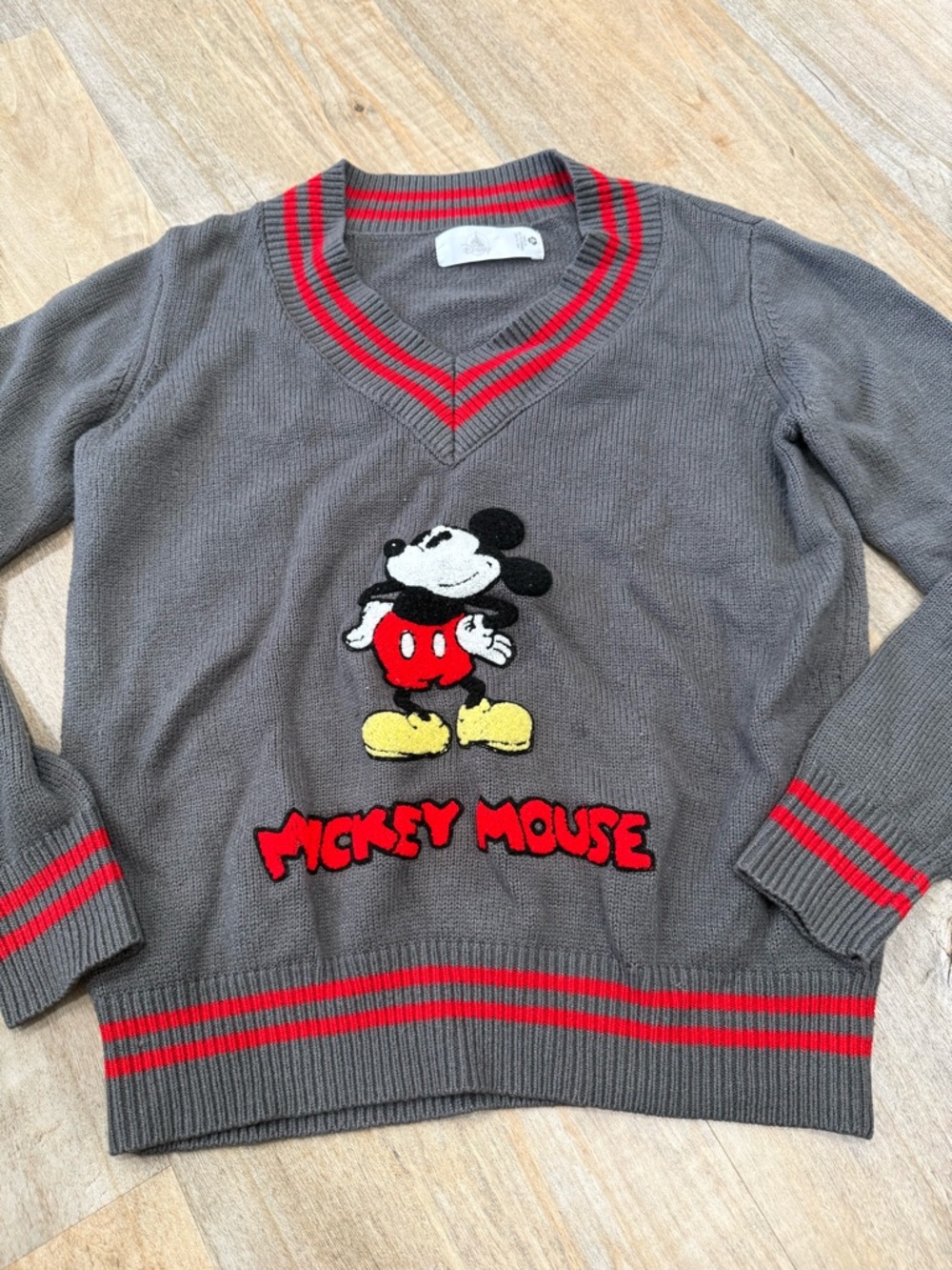 Disney Gray V-Neck Sweater with Red Stripe Trim